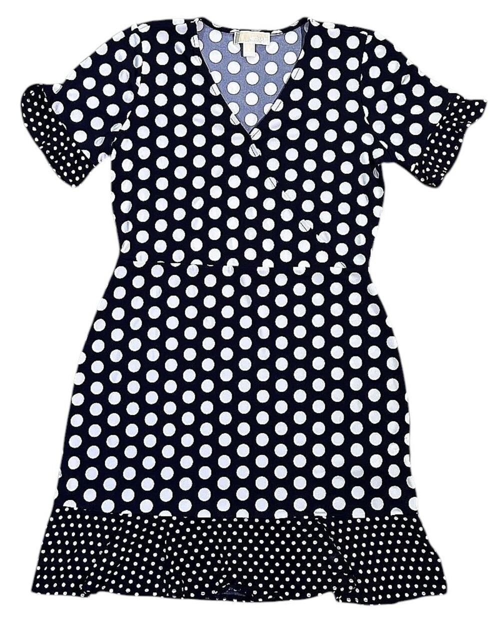Michael Kors Ruffle Sleeve & Hem V-Neck Navy Blue & White Polka Dot Dress M
